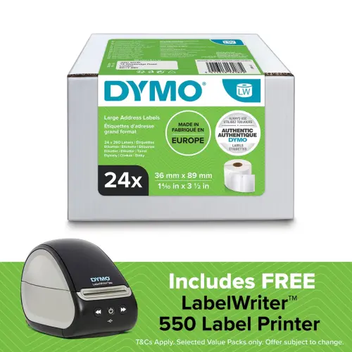 DYMO LabelWriter Large Address Labels 36mm x 89mm 24 Rolls + FREE LabelWriter 550 Label Printer