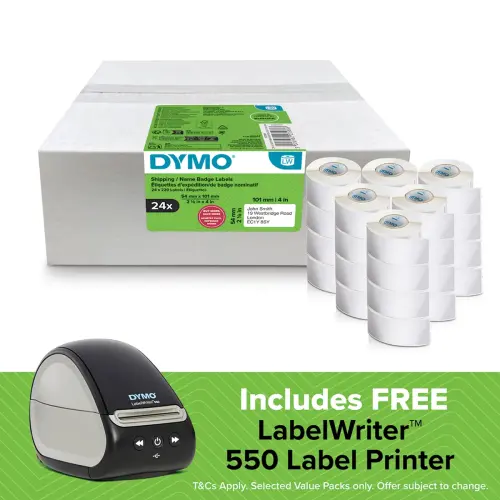 DYMO LabelWriter Large Shipping Labels/Name Badges 54mm x 101mm 24 Rolls + FREE LabelWriter 550 Label Printer