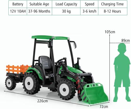 12 Volt Tractor and Trailer with Roof & Front Loader - Toymaster - Fagan Toys