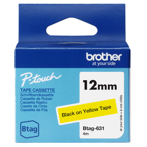 Brother Btag-631 Labelling Tape Cassette – Black on Yellow Tape 12mm x 4m, Non-Laminated