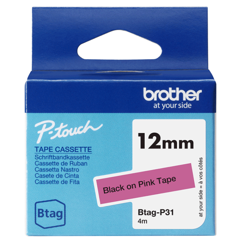 Brother Btag-P31 Labelling Tape Cassette – Black on Pink, 12mm x 4m, Non-Laminated
