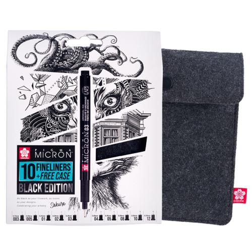 Sakura Pigma Micron Black Edition set + free pen case | 10 sizes, black