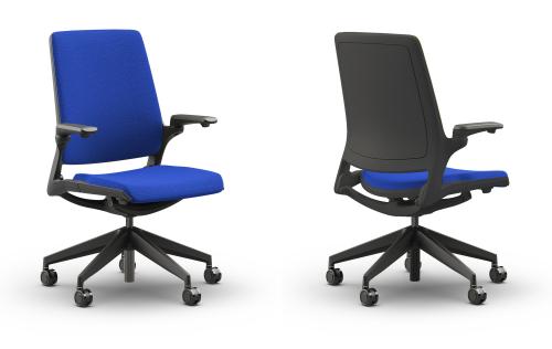 Eva Ergonomic Chair.Solid Back Black Frame. Blue Fabric Seat