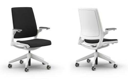 Eva Ergonomic Chair.Solid Back White Frame. Black Fabric Seat