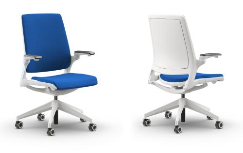 Eva Ergonomic Chair.Solid Back White Frame. Blue Fabric Seat