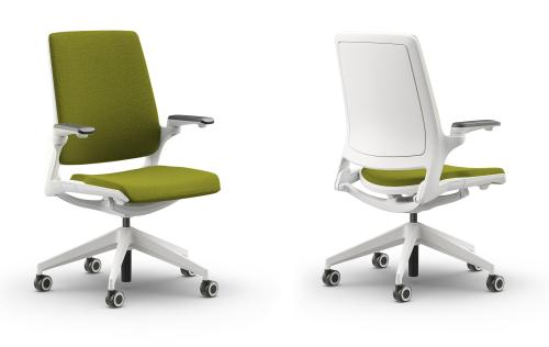 Eva Ergonomic Chair.Solid Back White Frame. Green Fabric Seat