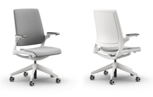 Eva Ergonomic Chair.Solid Back White Frame. Light Grey Fabric Seat