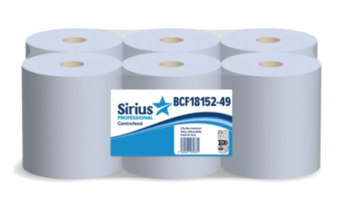 Sirius Blue 2-ply Laminated and Embossed Centrefeed Roll 166mm x 150m Packed 6