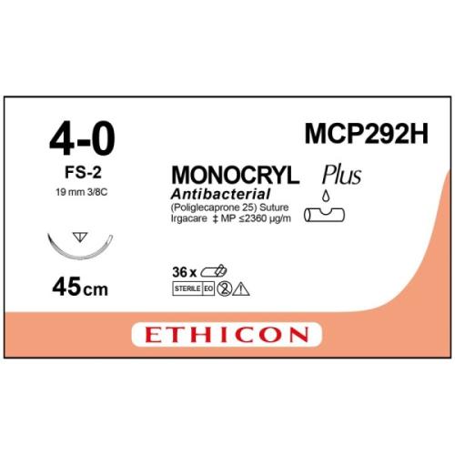 Monocryl Plus MCP292H Antibacterial Suture 4-0 Undyed 45cm, 19mm 3/8 Circle Reverse Cutting Needle (Box of 36) (Formerly W3201)
