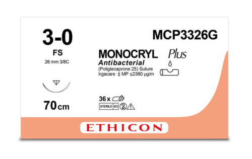 MONOCRYL PLUS | Monofilament | Undyed | 3-0 | 70cm | 1xReverse cutting | 26mm | 3/8C | Pack of 12