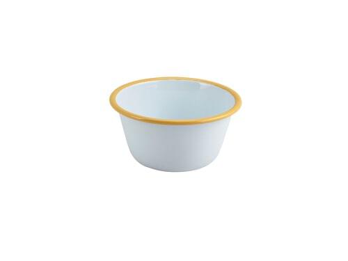 Enamel Round Deep Pie Dish White with Yellow Rim 12cm