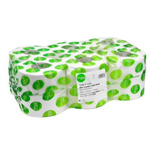 Maxima Green Mini Jumbo 2ply  3" Core Toilet Rolls (Pk 12)
