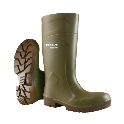 Dunlop Purofort FoodPro MultiGrip Safety Boots – Steel Toe, Slip-Resistant, Waterproof – Green/Brown Wellington Boots