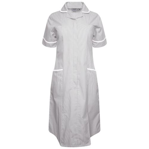 Ladies Dress with Round Collar Grey/White Stripe/White Trim 10 Regular