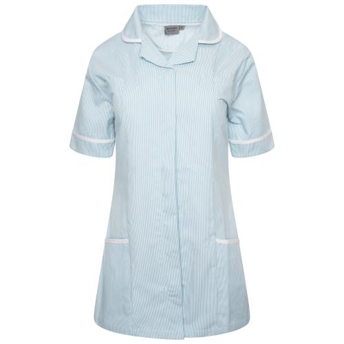 Ladies Tunic with Round Collar Green/White Stripe/White Trim 10