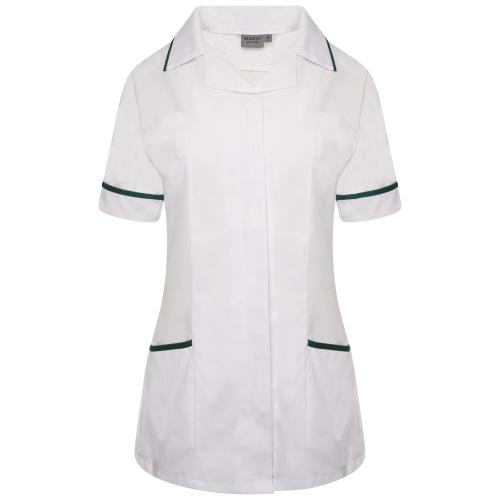 Ladies Tunic with Revere Collar White/Bottle Green Trim 10