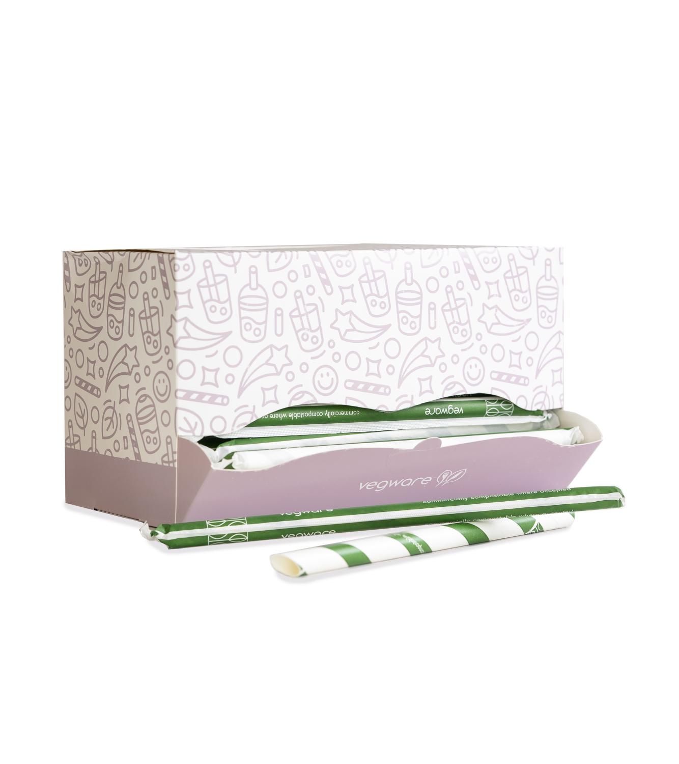 Bubble tea green stripe 12mm paper straw, 9in, wrapped Pack of 1200