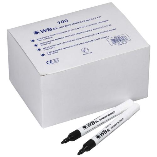 Whiteboard Markers (Dry Wipe) – Fine Tip Black – Box of 100 (Thin Barrel)
