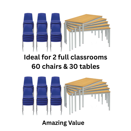Two Classroom Furniture Bundle – 30 classroom Tables & 60 NP classroom Chairs