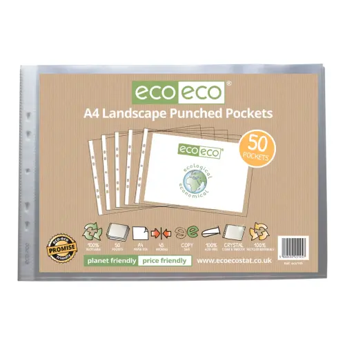 A4 100% Recycled pack of 50 Landscape Multi Punched Pockets