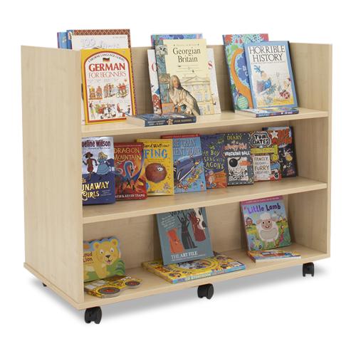 Monarch Double-Sided Library Unit – 3 Shelves Each Side – Mobile on Castors – Maple – W1040 x D502 x H883mm