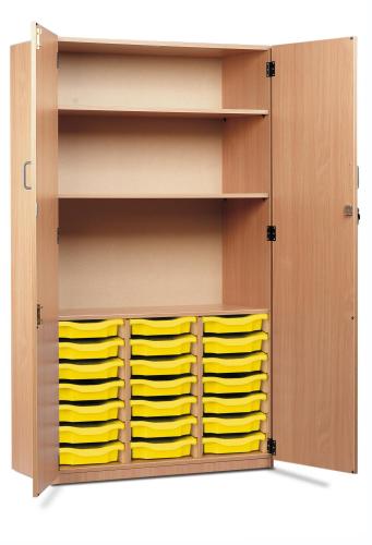 Monarch 21 shallow Tray Combination Cupboard – Shelves & Full length Locking Doors – Beech – Classroom Storage – Choose Tray Colours