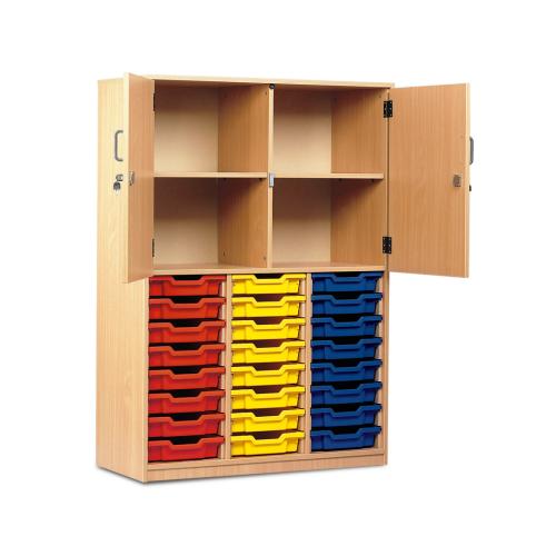 Monarch 24 shallow Tray Combination Cupboard – Shelves & Locking Doors – Beech – Classroom Storage – Choose Tray Colours