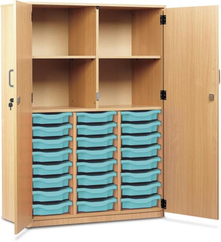 Monarch 24 shallow Tray Combination Cupboard – Shelves & Full length Locking Doors – Beech – Classroom Storage – Choose Tray Colours
