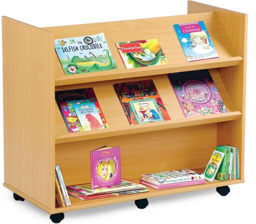 Monarch Double-Sided Library Unit – 2 Angled Shelves + 1 Horizontal Shelf Each Side – Mobile on Castors – Beech – W1040 x D502 x H883mm