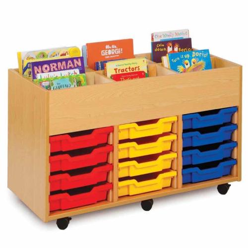 Monarch Kinderbox Book Storage Unit – 6 Bays with 12 Shallow Trays – Mobile on Castors – Beech – W1022 x D453 x H600mm