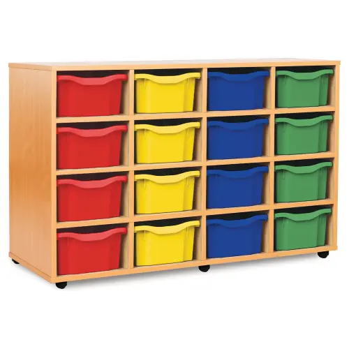 Monarch 16 Deep Tray Storage Unit - Beech - W1358 x D453 x H835mm - Classroom storage - Choose tray colours