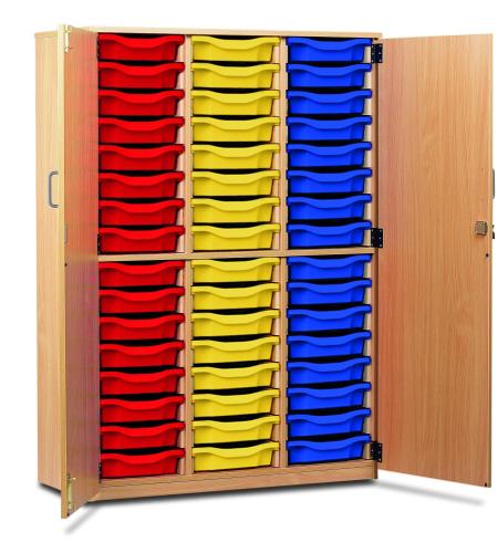 Monarch 48 Tray Storage Cupboard with Locking Doors – Shallow Trays – Beech – Classroom Storage – Choose Tray Colours w1030 x D485 x H1468mm