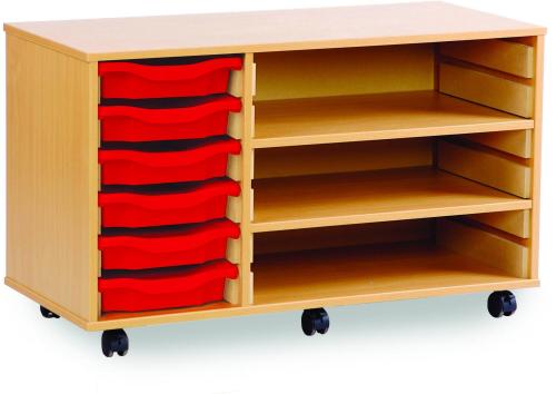 Monarch 6 Shallow Tray Storage Unit with adjustable shelves - Beech - W1030 x D453 x H617mm - Classroom storage - choose tray colours