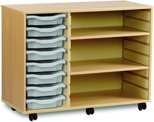 Monarch 8 Shallow Tray Storage Unit with adjustable shelves - Beech - W1030 x D453 x H789mm - Classroom storage - choose tray colours
