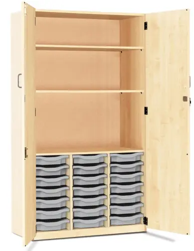 Monarch 21 shallow Tray Combination Cupboard – Shelves & Full length Locking Doors – Maple – Classroom Storage – Choose Tray Colours