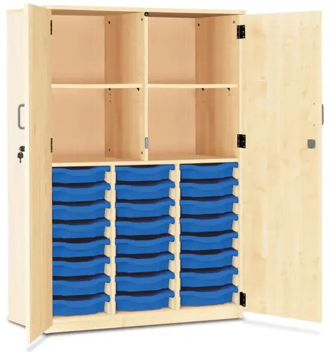 Monarch 24 shallow Tray Combination Cupboard – Shelves & Full length Locking Doors – Maple – Classroom Storage – Choose Tray Colours