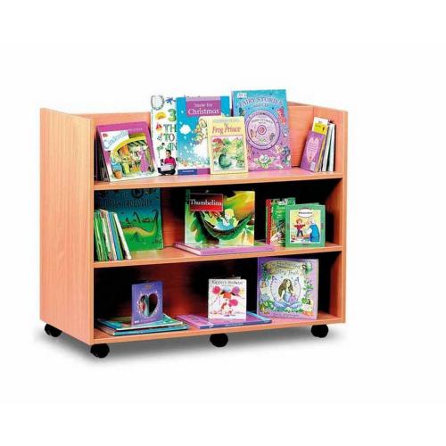 Monarch Double-Sided Library Unit – 3 Shelves Each Side – Mobile on Castors – Beech – W1040 x D502 x H883mm
