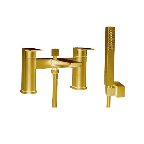 Harper & Brooke Morley PVD Coated Bath Shower Mixer w/ 2 Tap Holes, Slide Rail & Fixed & Handheld Shower Head - Brushed Brass