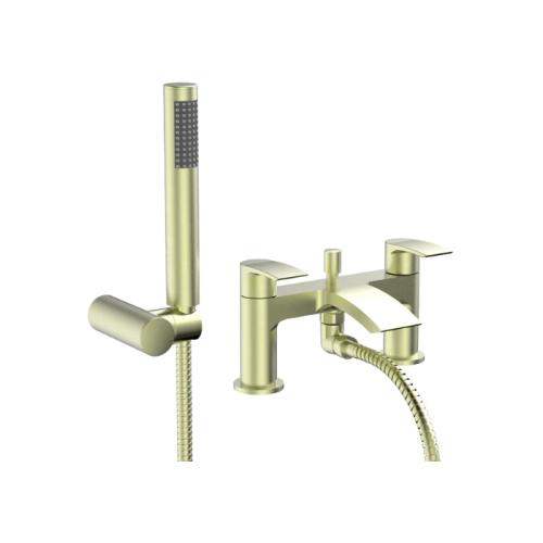 Harper & Brooke Tudor PVD Coated Bath Shower Mixer w/ 2 Tap Holes, Slide Rail & Fixed & Handheld Shower Head - Brushed Brass