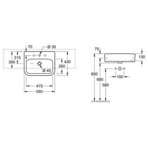 Villeroy & Boch Architectura 550 x 430mm 1TH Semi-Recessed Basin 41905501