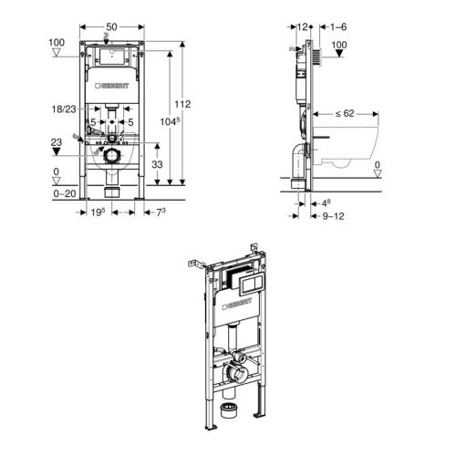 Geberit Alpha 112cmH Frame & Cistern, plus Alpha01 Square Flush Plate 458.040.21.2