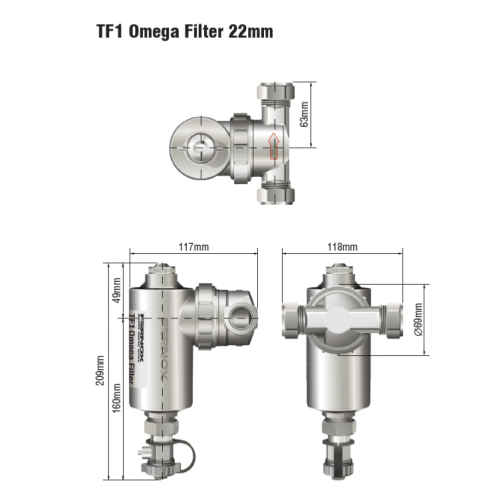 Fernox TF1 Omega 22mm Filter with Slip Socket (No valves) 62248