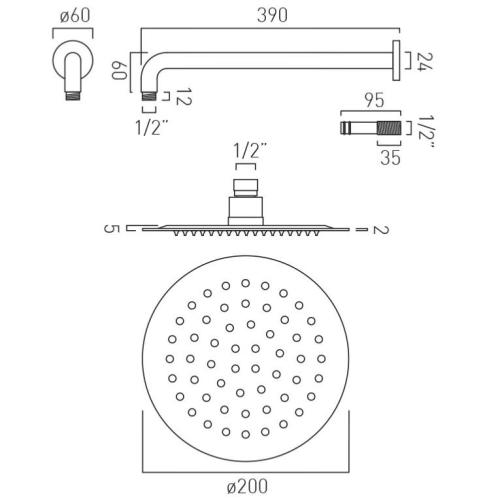 Vado Aquablade 200mm (8") Round Slimline Shower Head with Arm AQB-RO/20/SA-C/P