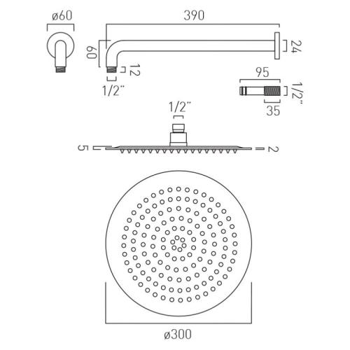 Vado Aquablade 300mm (12") Round Slimline Shower Head with Arm AQB-RO/30/SA-C/P
