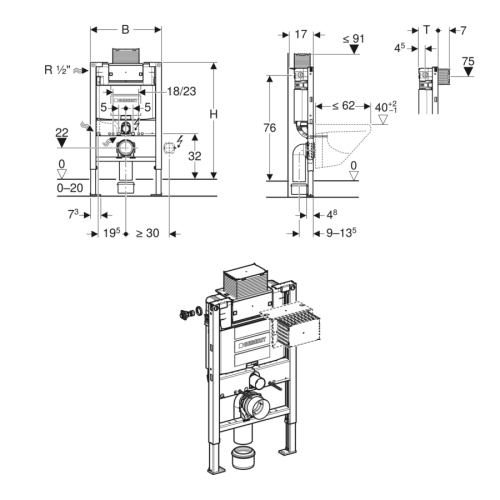 Geberit Duofix 82 cm frame with Omega concealed cistern 12 cm for wall-hung WC 111.004.00.4