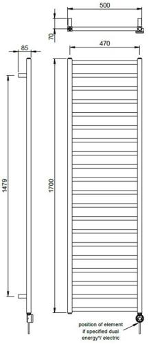 Vogue Serene 1700 x 500mm Square Tube Towel Rail Heating Only White 1481BTU MD049 MS1700500WH