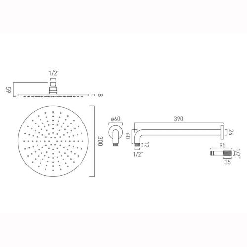 Vado Nebula Round Shower Head 300mm (12â€) Diameter + Arm NEB-RO/30-SA-CP