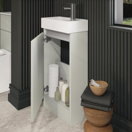Newland 400mm Single Door Cloakroom Basin Unit With Ceramic Basin Pearl Grey