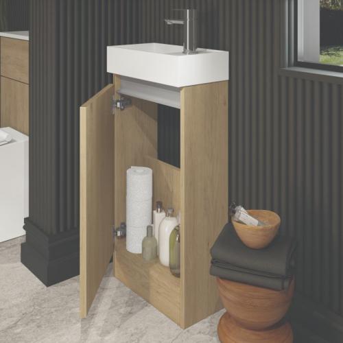 Newland 400mm Single Door Cloakroom Basin Unit With Ceramic Basin Natural Oak