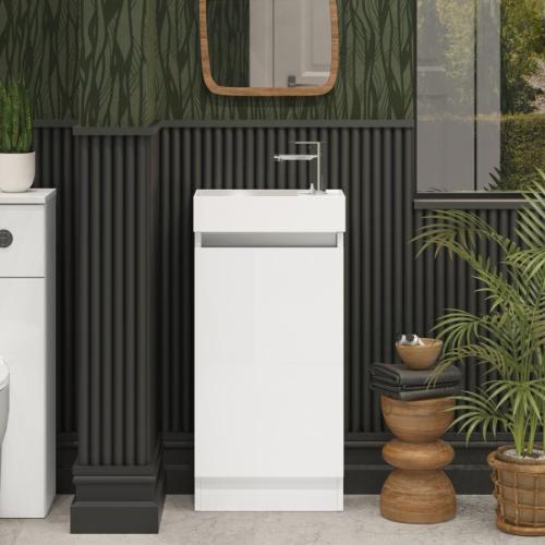 Newland 400mm Single Door Cloakroom Basin Unit With Ceramic Basin White Gloss
